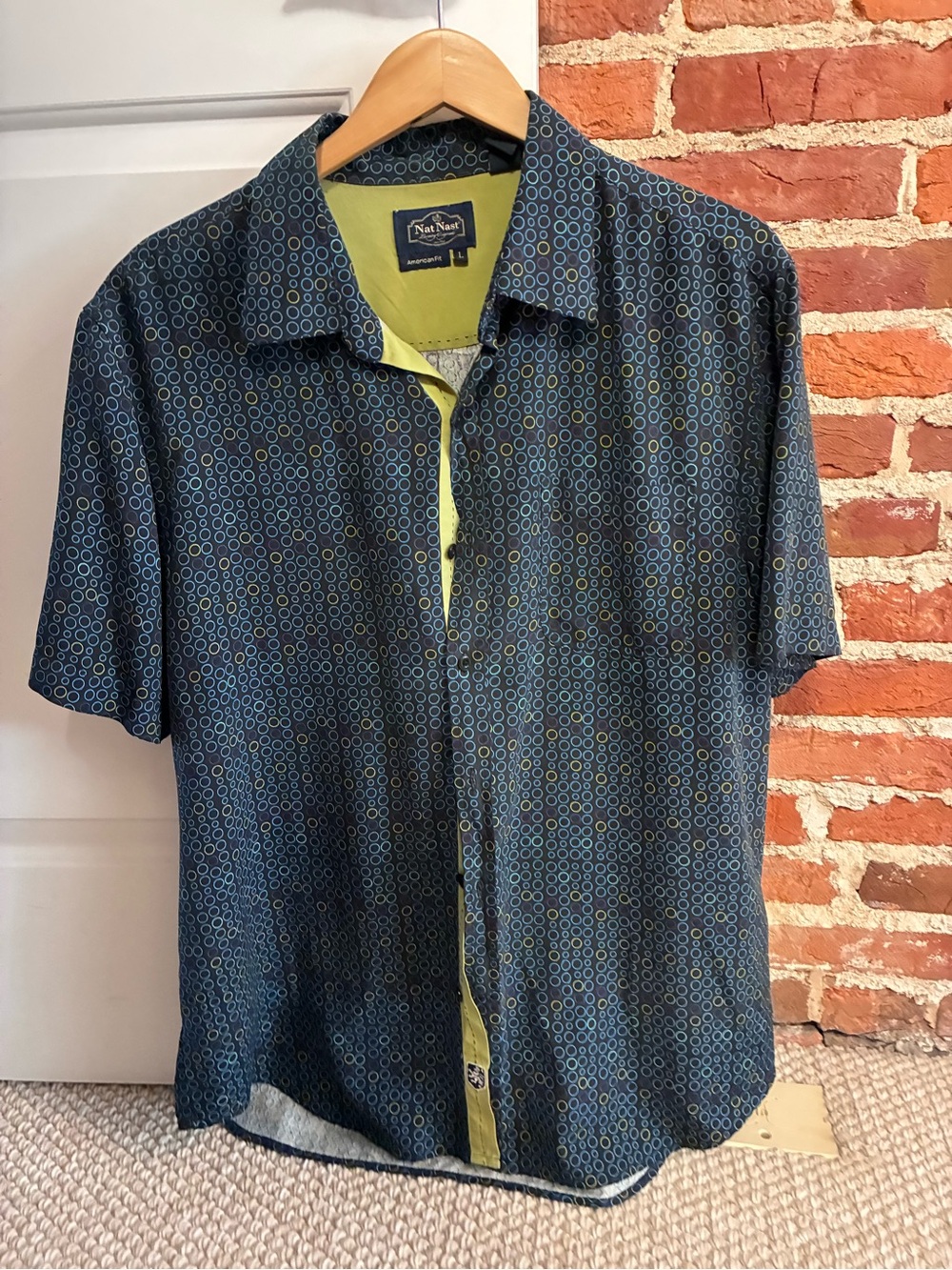 Nat Nast Navy & Lime Geometric Short Sleeve Button-Down Shirt silk
